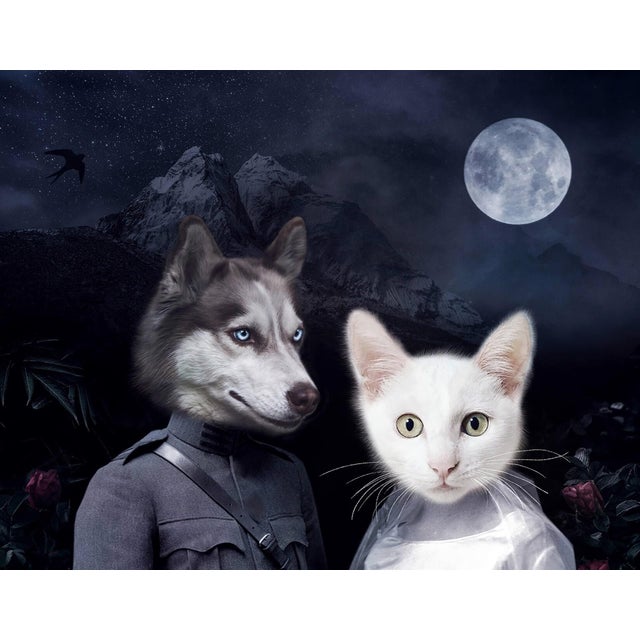 This artwork presents a surreal union between anthropomorphic figures, blending elements of human and animal traits in a...