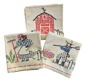 Vintage Embroidered Linen Tea Towels 1940s Farmhouse Decor -Set of 3