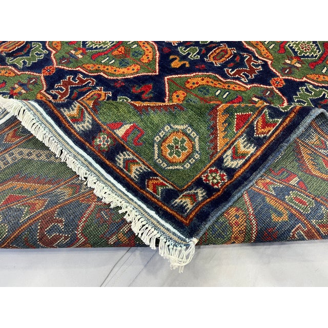 Green & Navy Blue Geometric Tribal Wool Area Rug, 5' X 6'7" For Sale - Image 12 of 16
