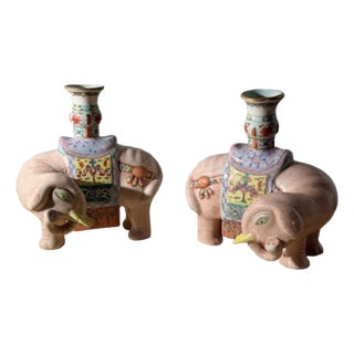 Pair of Chinese Export Famille Rose of Enameled Elephant Candlestick or Josh Sticks, Early 20th C. For Sale