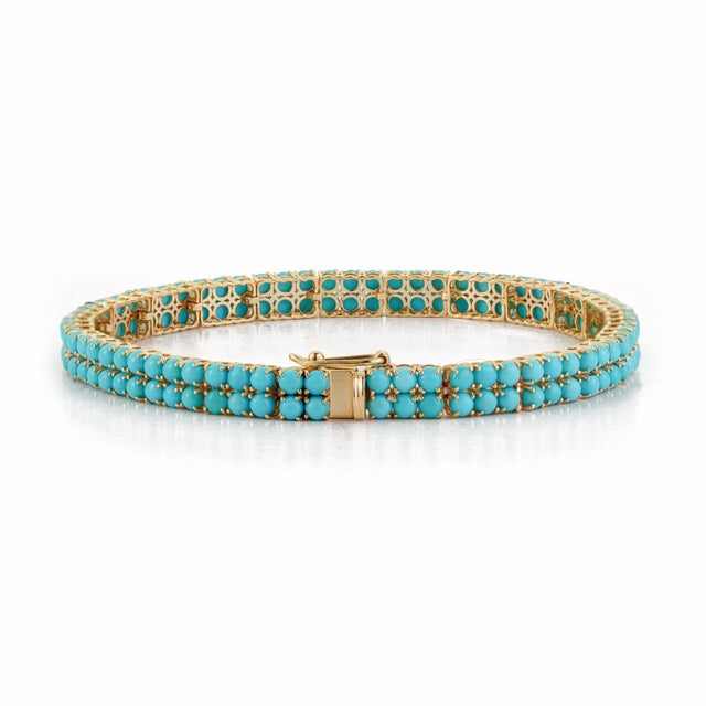14k Yellow Gold Double Beaded 9.85ct Turquoise Tennis Necklace for Women For Sale - Image 9 of 16