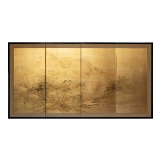1960s Shōwa Era Japanese Byobu Screen "Landscape With Bridge" on Gold Background For Sale