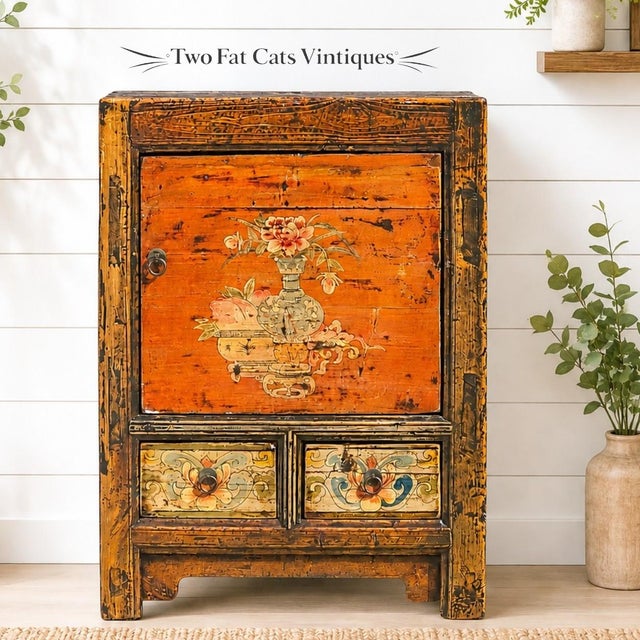 Early 20th Century Hand-Painted Mongolian Elmwood Chinese Chest Cabinet This exceptional early 20th-century Mongolian...