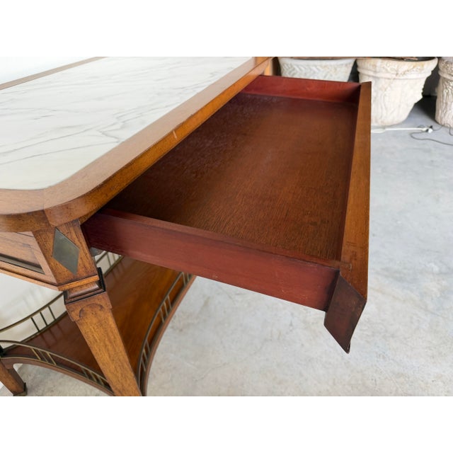 1970s Vintage French Louis XVI Style Mahogany Console Table With White Marble Top, Pull-Out Drawer & Brass Gallery Shelf For Sale - Image 5 of 12