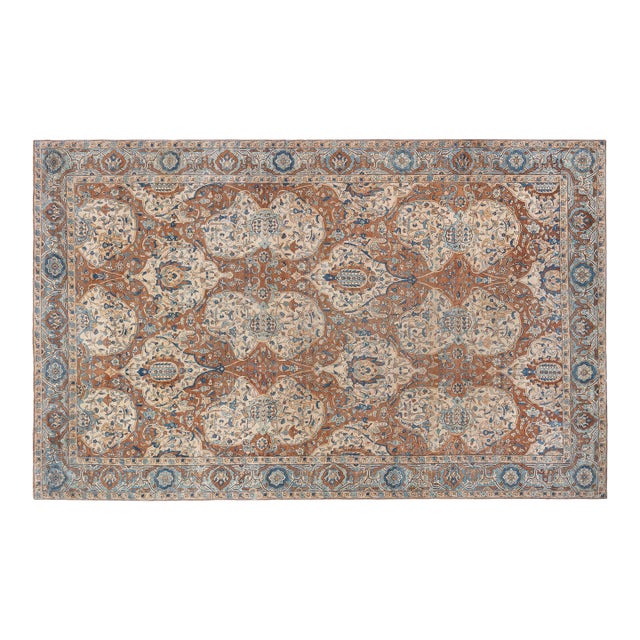 1900s Persian Kirman Brown, Beige and Blue Handmade Wool Rug For Sale
