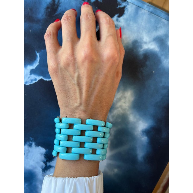 Teal Blue Turquoise Fancy Cabochon Elongated Link Wide Unique Statement Bracelet For Sale - Image 9 of 10