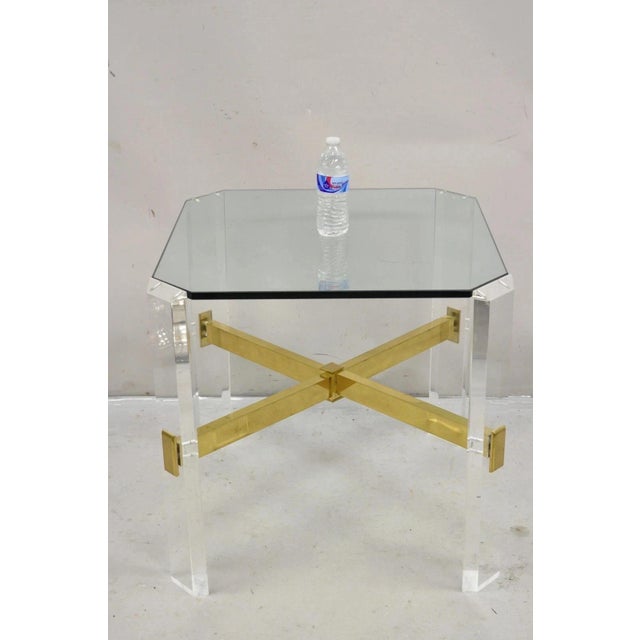 Mid-Century Modern Vintage Mid Century Modern Lucite & Glass Brass Stretcher Occasional Side Table For Sale - Image 3 of 12