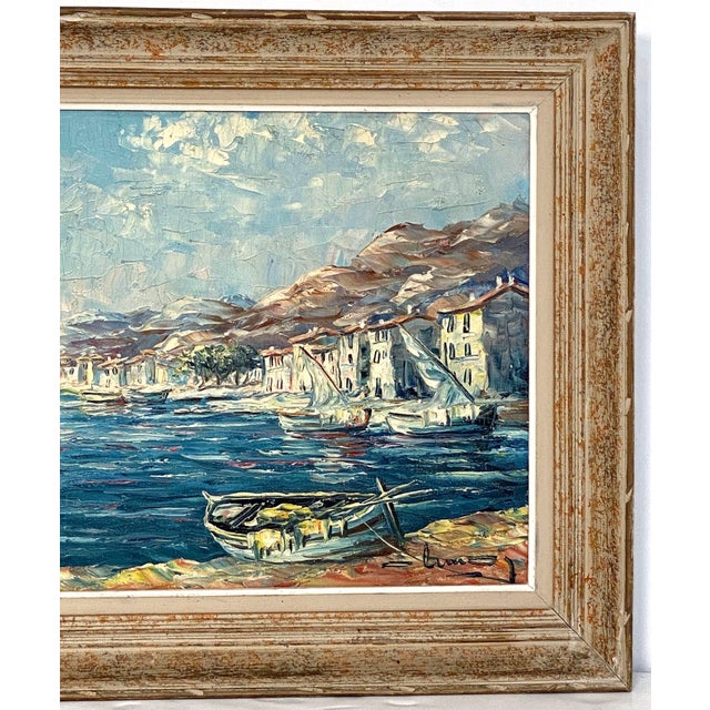 French Framed Oil Painting Featuring a Mediterranean Harbour Scene For Sale - Image 10 of 12