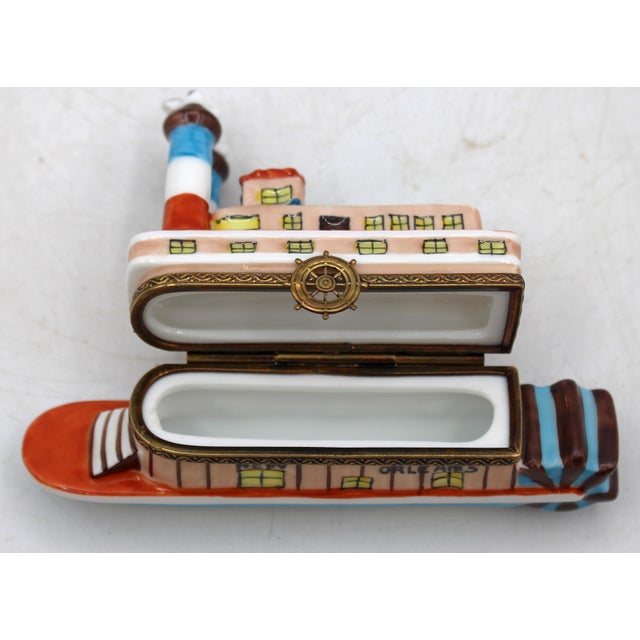 Vintage French Limoges Porcelain New Orleans Steamboat Form Trinket Box For Sale In Raleigh - Image 6 of 8