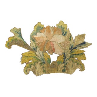 Antique Yellow and Green Silk Embroidery With Metallic Threads Textile Appliqué For Sale
