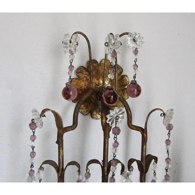 1940s Italian Gilt Metal Crystal Beaded Amethyst Wall Sconces - a Pair For Sale In Palm Springs - Image 6 of 13