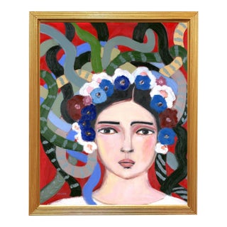 Medusa, Inspired Frida, Vintage Style Mid Century Modern Oil Portrait by Alexandra Swistak For Sale