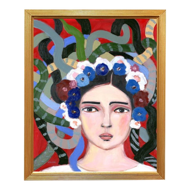 Medusa, Inspired Frida, Vintage Style Mid Century Modern Oil Portrait by Alexandra Swistak For Sale