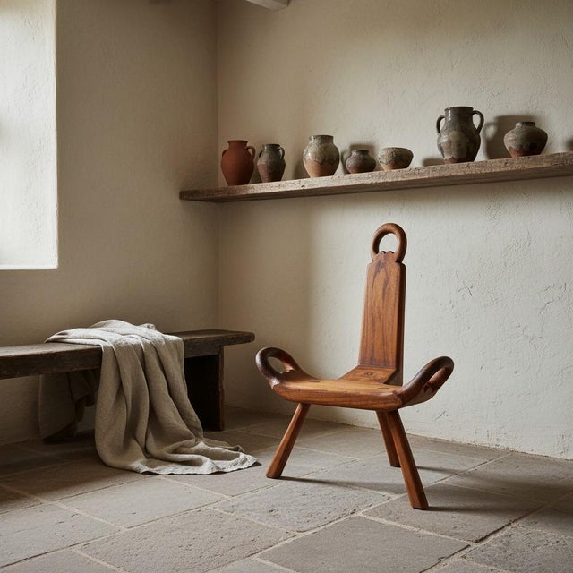 Mid 20th Century Spanish Revival Birthing Chair-Gothic Folk Art-Primitive Wood Accent Stool-Farm For Sale - Image 4 of 11
