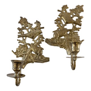 Vintage Silver-Tone Bird & Nest Wall Candle Sconces — A Pair, Made in India For Sale