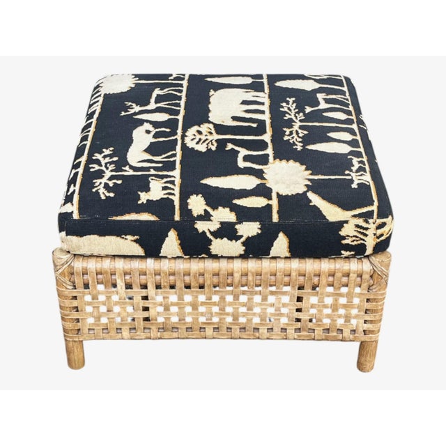 1980s 1980s McGuire Thebes Rattan‑Weave Ottoman, Natural Satin Finish, 5" Needlepoint Cushion For Sale - Image 5 of 13