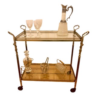 Neoclassical Tea Trolley in Brass with Angel Figurines, 1950s For Sale