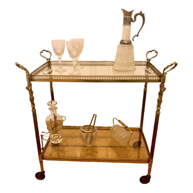 Neoclassical Tea Trolley in Brass with Angel Figurines, 1950s For Sale