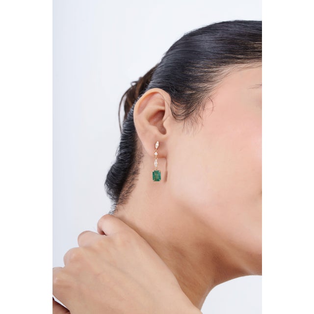 Green Vibrant 2.69ct Zambian Emerald Diamond Wedding Drop Earrings in 14k Solid Gold- A Pair For Sale - Image 8 of 15
