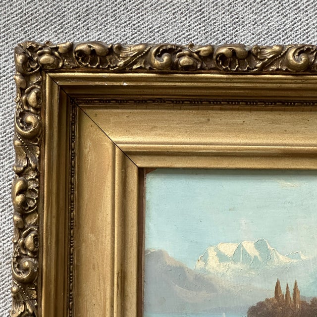 Blue Antique Continental Mountainous Riverscape With Island and Boat, Oil on Board For Sale - Image 8 of 10