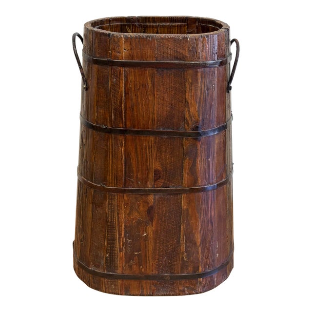Antique Large Wood Bucket Umbrella Stand With Metal Fittings For Sale