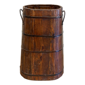 Antique Large Wood Bucket Umbrella Stand With Metal Fittings