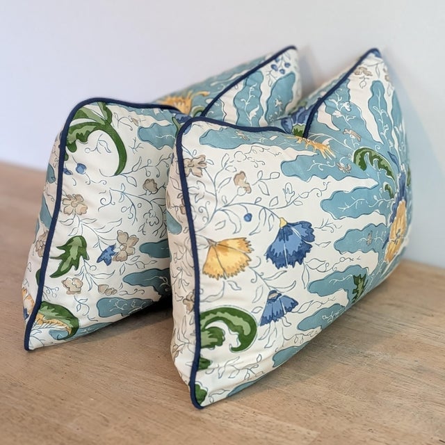 Brunschwig & Fils Riviere Aqua Lunbar Pillows With Blue Cord- Double Sided Pair For Sale In Greensboro - Image 6 of 7
