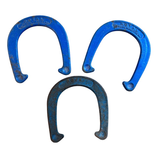 Vintage St. Pierre Royal Blue Drop-Forged Steel Pitching Horseshoes Outdoor Games -Set of 3 For Sale