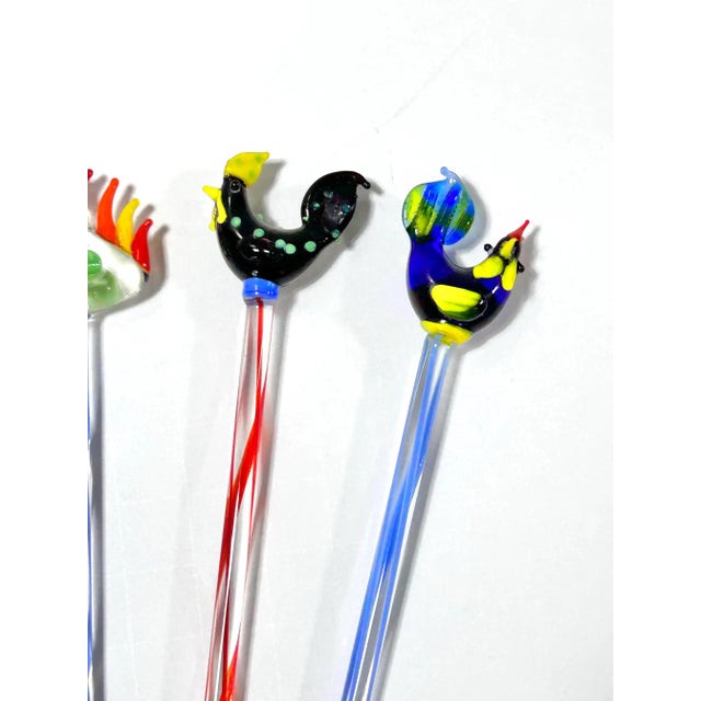 1990s 1990s Hand-Blown Glass Rooster Swizzle Sticks – Set of 6 For Sale - Image 5 of 8