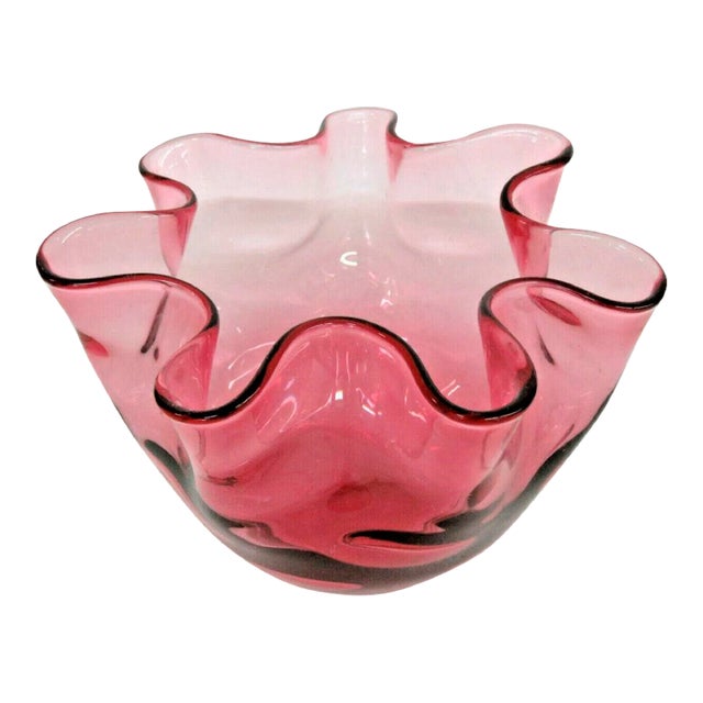 Fenton Thumbprint Style Cranberry Pink Glass Ruffled Rose Bowl Vase For Sale