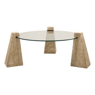 Vintage Glass and Travertine Coffee Table, 1970 For Sale
