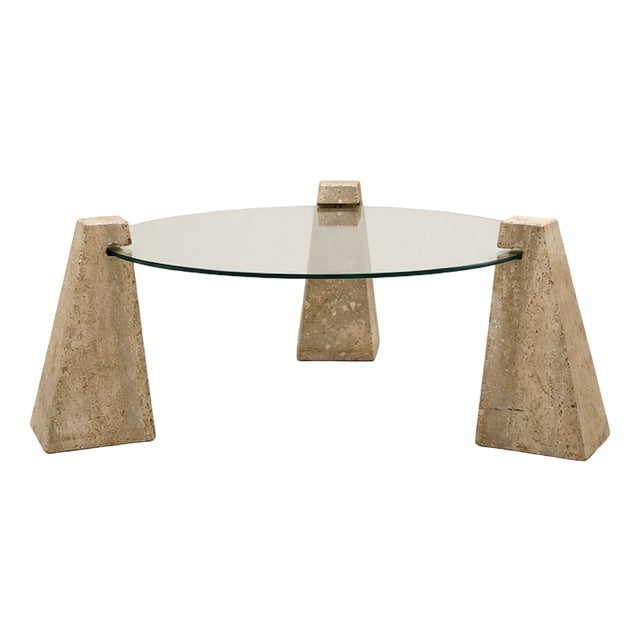 Vintage Glass and Travertine Coffee Table, 1970 For Sale