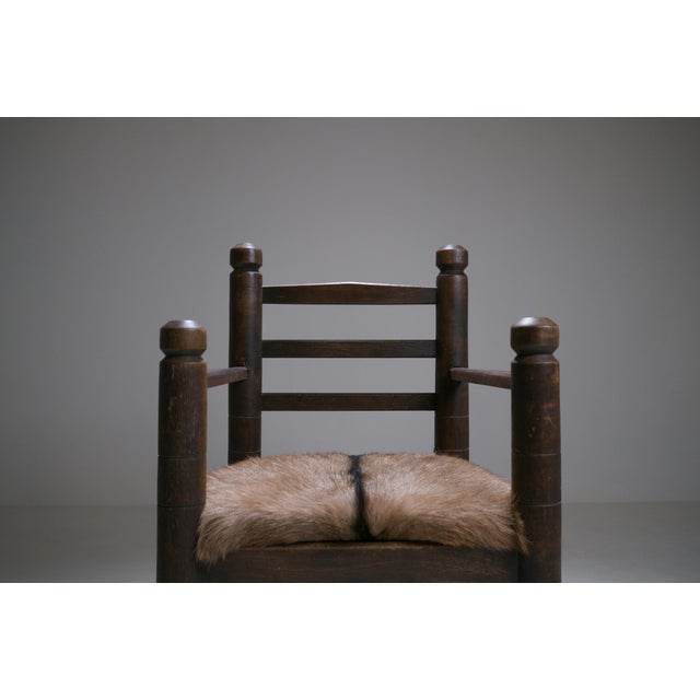 1940s Rustic Modernist French Armchair in Stained Oak and Animal Hide, 1950 For Sale - Image 5 of 18