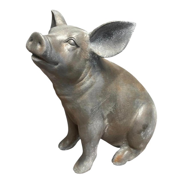 Vintage Cast Iron Sitting Pig Garden Statue For Sale
