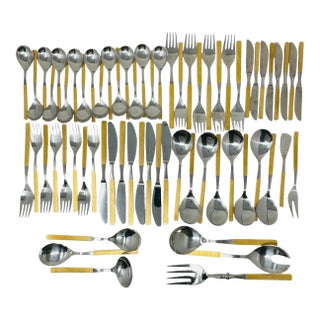MCM Harvest Gold Flatware, 65pc Solair West Germany Service for 8, Textured Gold Retro Silverware, Forged Stainless Steel, Rare Hosting Set For Sale