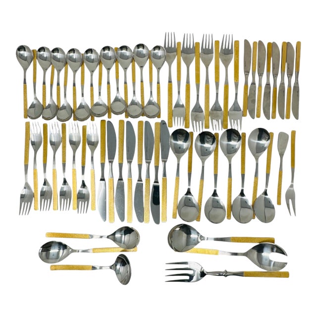 MCM Harvest Gold Flatware, 65pc Solair West Germany Service for 8, Textured Gold Retro Silverware, Forged Stainless Steel, Rare Hosting Set For Sale