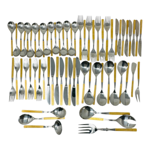 MCM Harvest Gold Flatware, 65pc Solair West Germany Service for 8, Textured Gold Retro Silverware, Forged Stainless Steel, Rare Hosting Set
