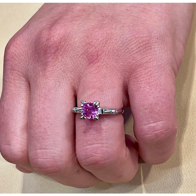 1 Ct Round Pink Sapphire 2 Baguettes Diamond in Platinum Ring, Estate For Sale - Image 10 of 18