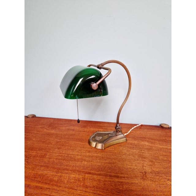 Articulated Brass Bankers Lamp with Green Opaline Shade, 1920s For Sale - Image 9 of 18