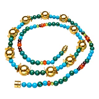 Late 20th Century 14K Yellow Gold Turquoise Carnelian Peridot Garnet Beaded Strand Necklace For Sale