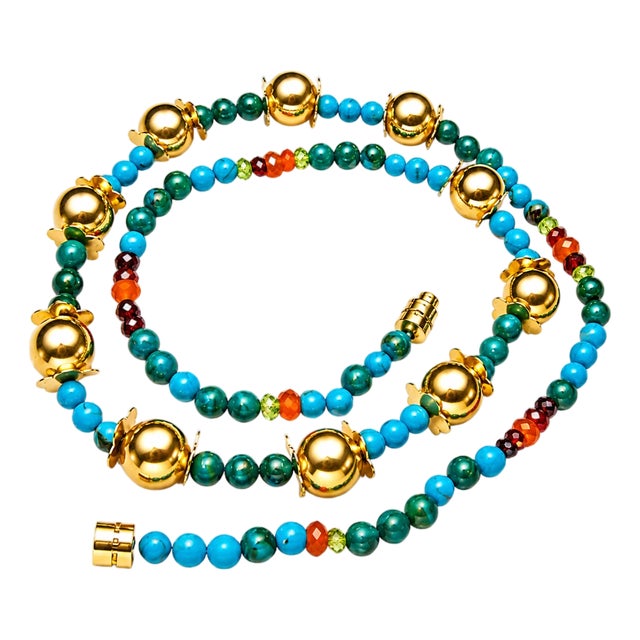 Late 20th Century 14K Yellow Gold Turquoise Carnelian Peridot Garnet Beaded Strand Necklace For Sale