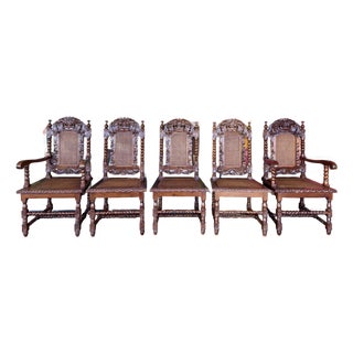French Louis XIII Style Mahogany Carved Barley Twist Dining Chairs - Set of 5 For Sale
