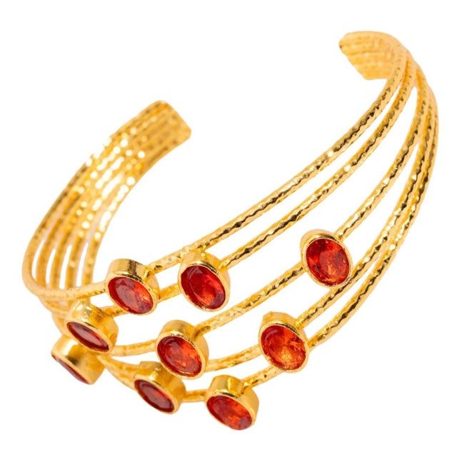 Brass Cleopatra Gold & Carnelian Stone Cuff Chunky Bracelet For Sale - Image 8 of 9