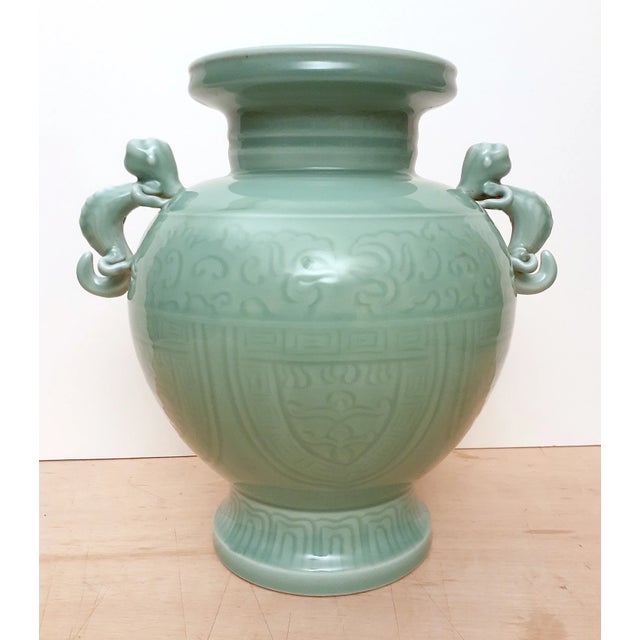 Chinese Early 20th Century Chinese Porcelain Celadon Dragon Handled Vase For Sale - Image 3 of 7