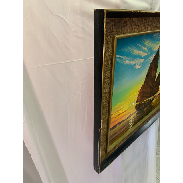 Late 20th Century Vintage Tom Wong Original Oil on Canvas, Ship at Sea For Sale - Image 5 of 12