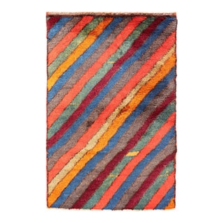 Colorful Vintage Small Tulu Rug. Vintage Turkish Tulu Rug With Horizontal Stripes For Sale
