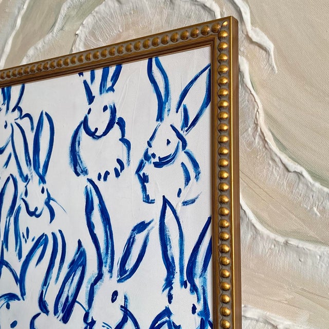 Blue Bunny Painting Framed | Chinoiserie Rabbit Art | Acrylic on Canvas | Gold Gilded Frame | Preppy Wall Decor 13x13 For Sale In West Palm - Image 6 of 6
