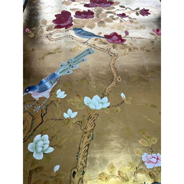 Hand Painted Gold Leaf Wallpaper With Birds & Floral Chinoiserie Design, Luxury Oriental Wallcovering, Custom Made Decorative Wall Mural For Sale - Image 12 of 13