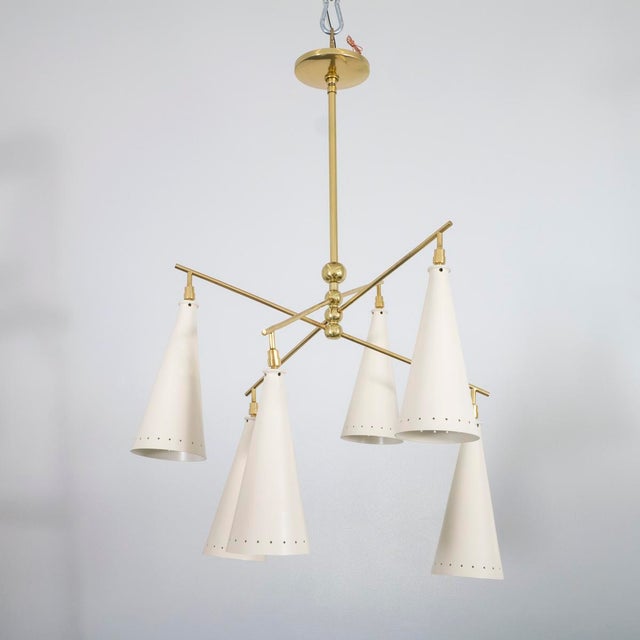 Brass Stilnovo style chandelier with conical shades. UL certified.