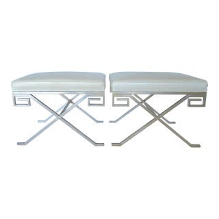 C. .2001 Nancy Corzine Gilt Sterling Silver Over Forged Metal "Greek Key," Leather Topped "Marston" Benches For Sale